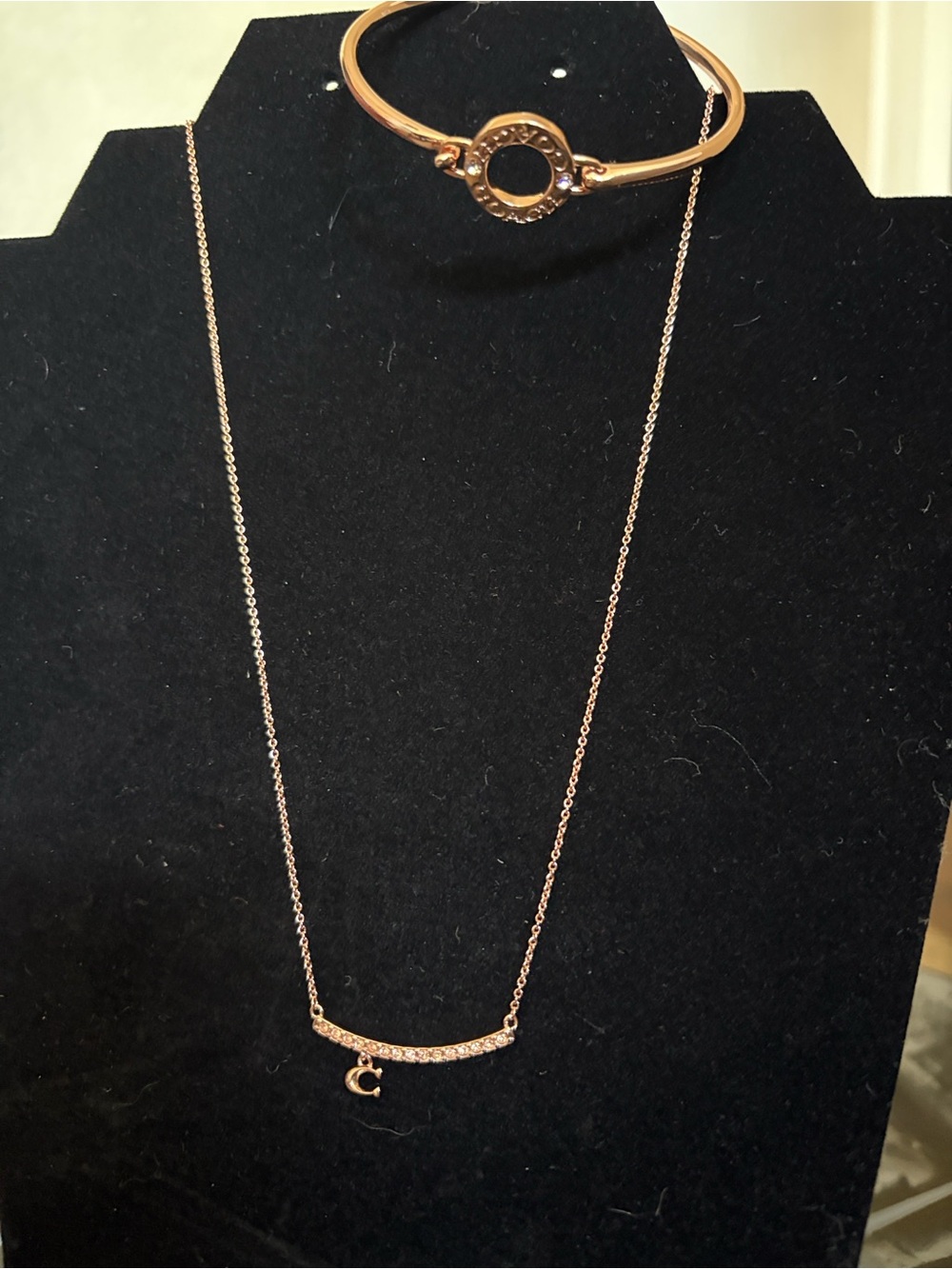 Coach Rose Gold Bar Necklace and Circle Bangle Set - Women Jewelry